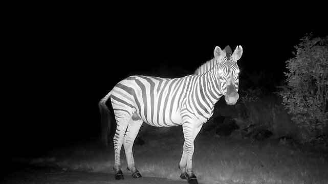 Night vision footage of zebra walking past camera trap in African wilderness