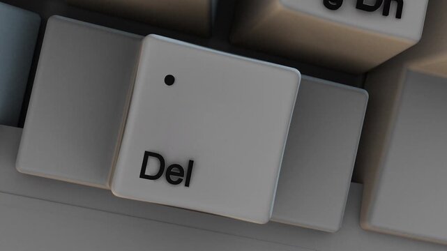 Slow Moving Close-up of Del Delete Button Key on Computer Keyboard. Great for business presentations, online education, and workplace productivity videos.