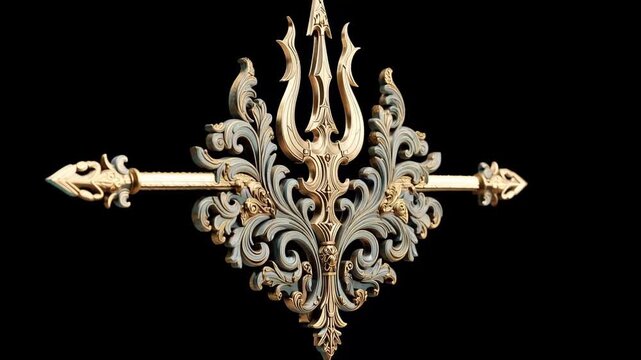 Ornate golden trident, A striking golden trident set on a deep black