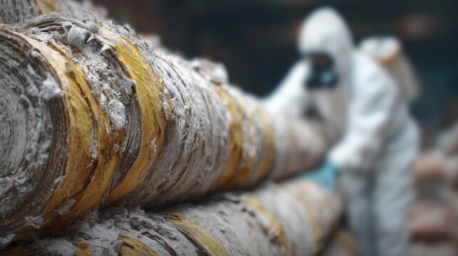 Asbestos abatement remediation worker in protective suit handling contaminated pipe insulation, conveying hazard removal and safety control.