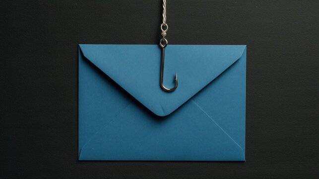 Blue envelope hanging from a fishing hook representing phishing attack in digital security and email fraud threat.