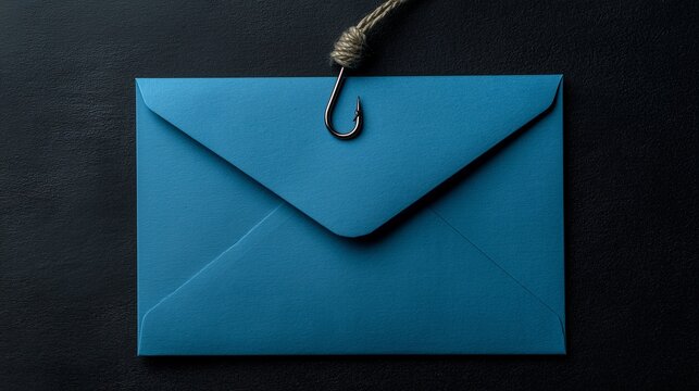 Blue envelope with hook phishing metaphor conveying email encryption to avoid phishing and secure message protection.