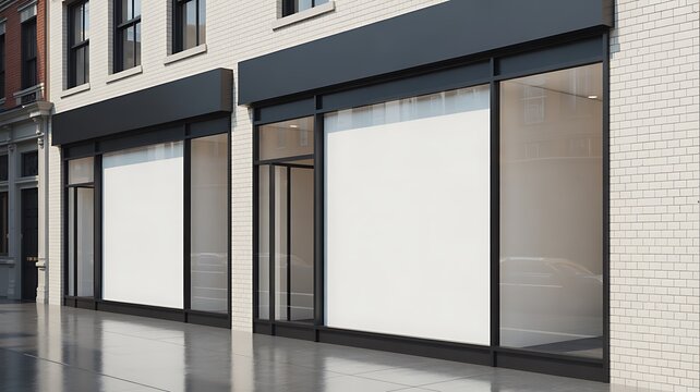 Modern empty retail storefront with blank display windows and glass facade