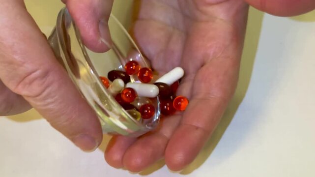 Omega capsules, tablets and dietary supplements in a glass container. The woman's hands take the capsules from the container.