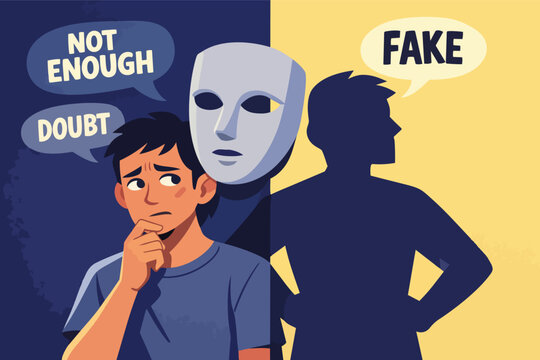 Man feeling anxious and self-conscious, questioning abilities, showing a hidden persona behind a mask