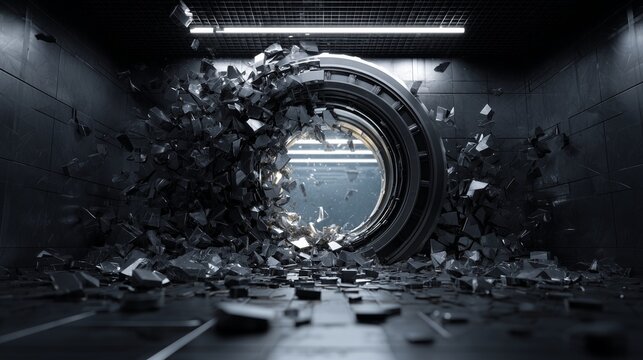 A secure data vault chamber with a heavy circular door and debris flying outward, symbolizing ransomware recovery and forensic restoration in a protected server environment.