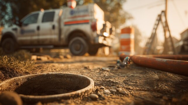 Open sewer access hole with pipe and service truck nearby, representing sewer line repair and trenchless pipe repair operation on-site.