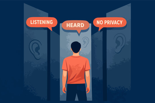 Person feeling exposed to surveillance with listening ears and speech bubbles representing privacy violation