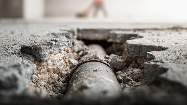 Exposed sewer line pipe in concrete slab showing crack and soil erosion, indicating pipe inspection, maintenance, and leak detection need.
