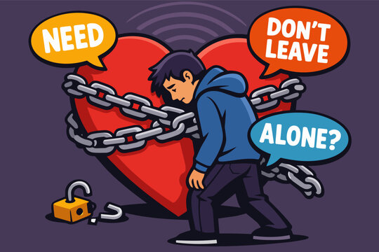 Young man experiencing emotional dependency, clinging to a chained heart with 'need' and 'don't leave' speech bubbles