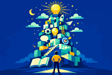 Naklejka premium Person standing, looking uphill at a structure representing an idea coming to life, strategy, and business growth