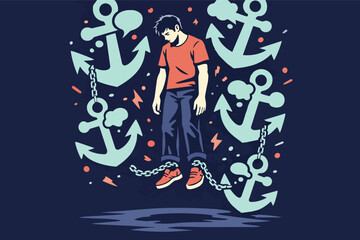 Fototapeta premium Young man struggling with mental health, burdened by heavy chains and anchors, feeling depressed and trapped