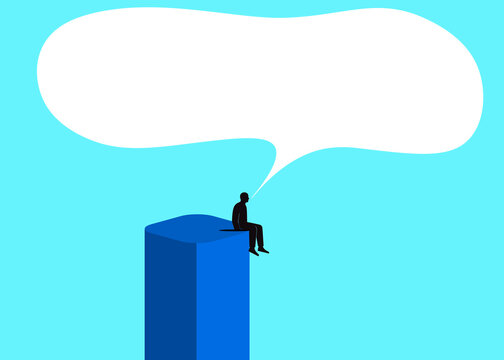 Silhouette sitting on tower with large empty speech bubble