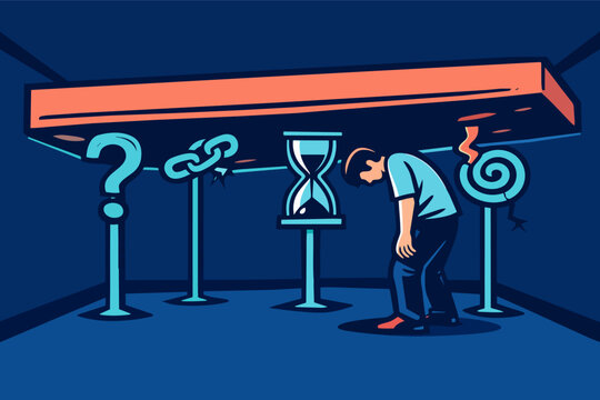 Person experiencing stress and burnout, burdened by questions, time pressure, and breaking connections
