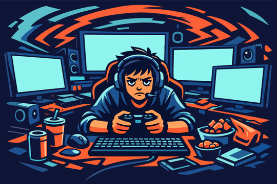 Focused gamer holding controller, playing video games online, surrounded by multiple monitors in a dark room