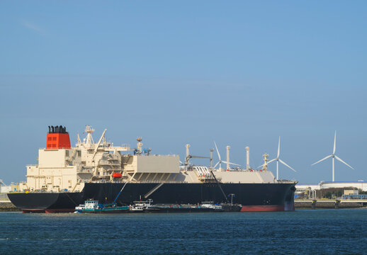 LNG tanker and wind turbine at Rotterdam harbour