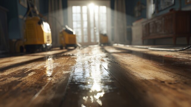 Sunlit hardwood floor with standing water and restoration equipment indicating water damage repair and drying process.