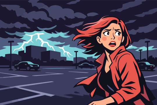 Woman feeling fear and danger during a thunderstorm with lightning striking buildings at night in a parking lot
