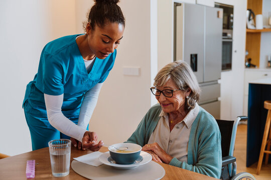 Caregiver assisting elderly with meal at home in a friendly setting