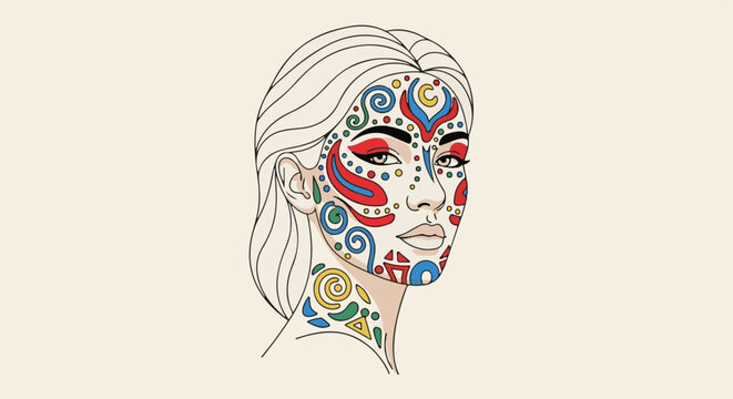 Woman's face adorned with vibrant geometric and circular patterns in red, blue, yellow, and green