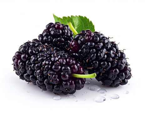 Fresh and Juicy Mulberries with Green Leaf on White Background.