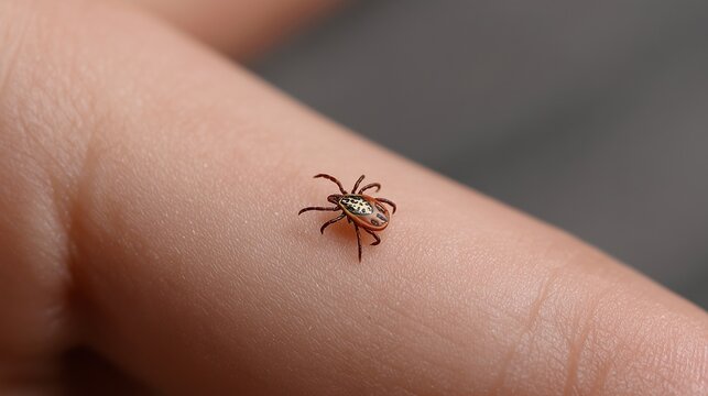 Close-up of a tick attached to human skin causing a small red lesion and localized irritation, single tick on finger.