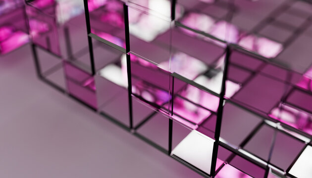 Abstract modern pink glass geometric structure with reflections