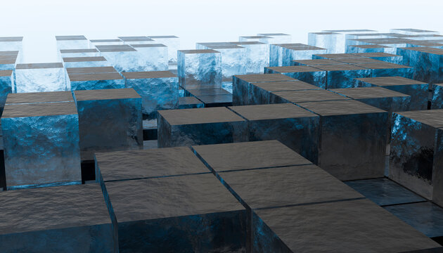 Abstract 3d rendering of textured blue ice cubes in a grid