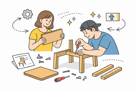Couple assembling flat-pack wooden furniture, working together on a diy home project