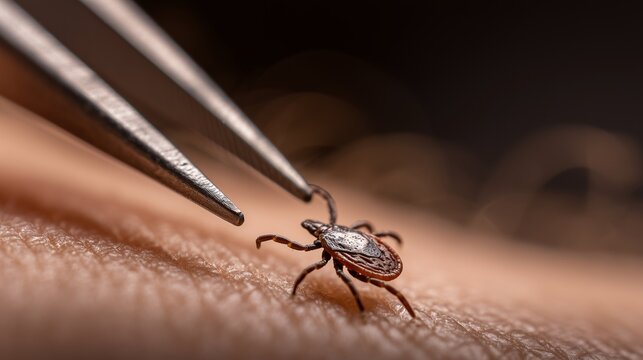 Close-up of a tick being removed from human skin with tweezers, illustrating lyme disease tick removal and bite prevention.