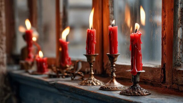 Red candles are burning on an old window sill, Three red candles are arranged on a window sill