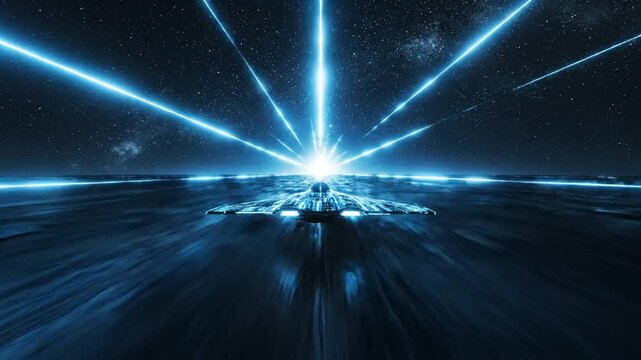 Futuristic spaceship soaring through bright blue light in outer space