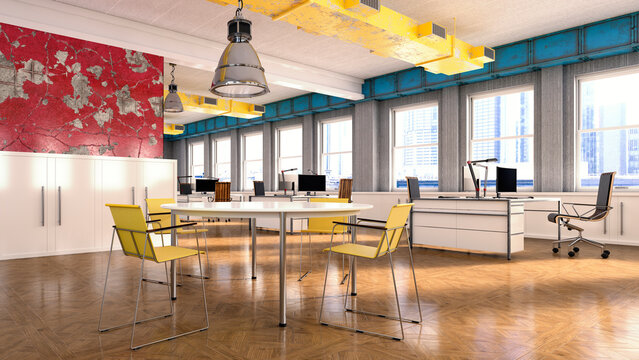 3D rendering of a modern empty office workspace with meeting table