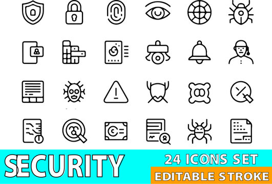 Security icons featuring shields and biological monitoring tools are arranged in a precise monochromatic grid to emphasize the importance of data protection and cyber threat detection systems.