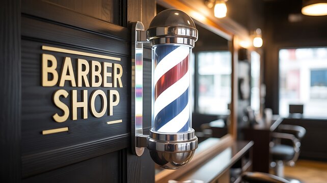Barber shop sign with classic pole and modern interior background