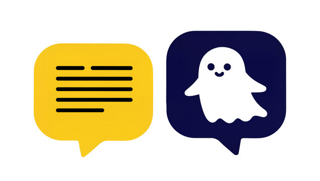 Yellow text bubble and dark blue ghost icon pair