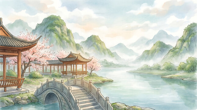 Traditional Chinese temple by misty river with wooden bridge and mountains Generative AI