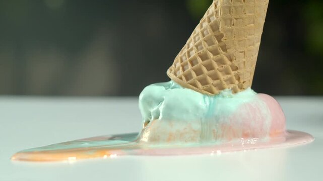 Dropped ice cream melting upside-down.