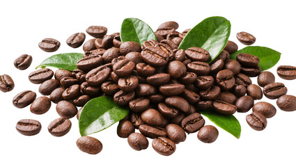 Obraz premium Brown roasted coffee beans with vibrant green leaves scattered