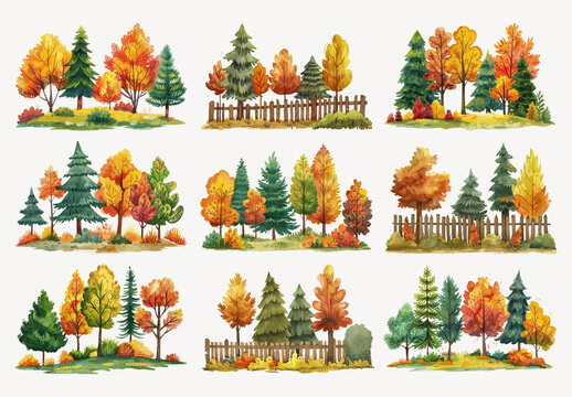Colorful Autumn Forest Illustrations Element Design Set