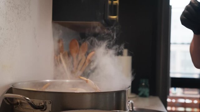 A snow crab slowly descends into a pot of boiling water (slow motion, 4K).