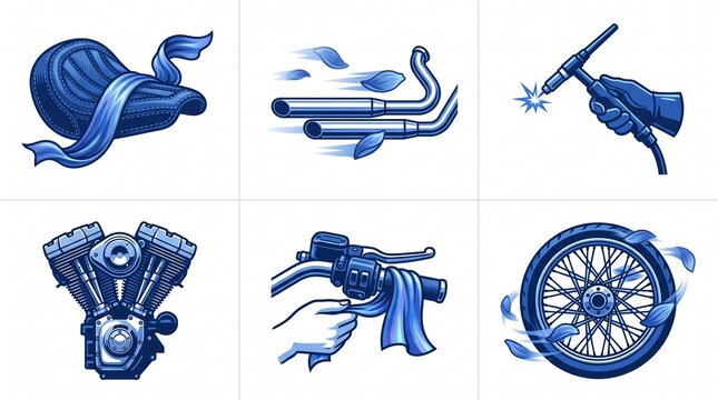Motorcycle maintenance and customization vector icon set, blue monochrome bike parts and accessories, detailed engine, exhaust pipes, wheel, seat, and welding torch for mechanic services.