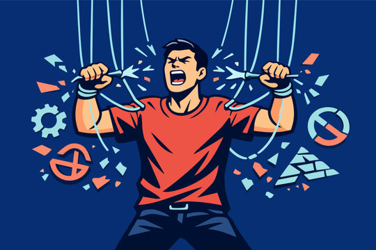 Man breaking free from puppet strings, releasing himself from manipulation and control, achieving freedom and independence