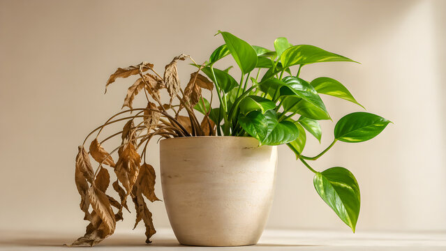 Withered plant gradually regaining green healthy leaves