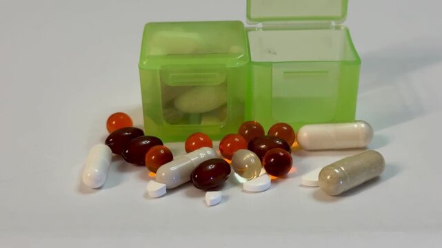 Green pillbox with scattered supplement capsules. Closeup view of translucent green container open on white surface, assortment