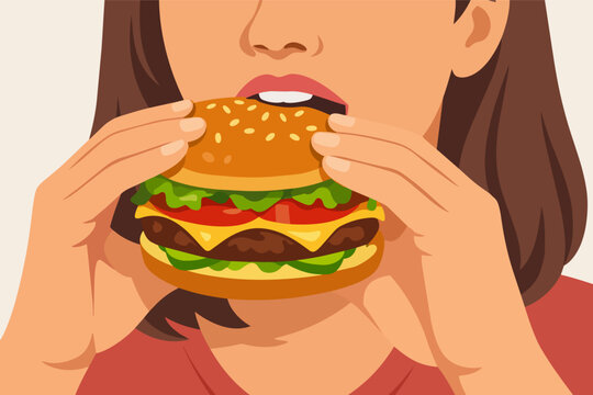 Woman enjoying fast food, biting large cheeseburger with lettuce, tomato, cheese, consuming quick meal