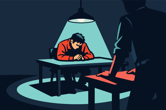 Man with head down during questioning, feeling pressure from a detective in shadowy police interrogation room