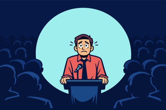 Man experiencing stage fright and public speaking anxiety, feeling nervous and stressed at a podium with audience