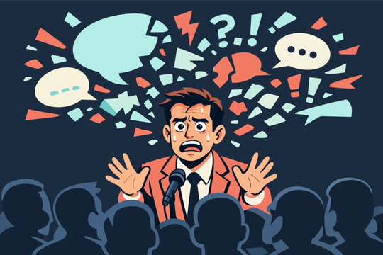 Man struggling with glossophobia or fear of public speaking, feeling panic and stress at a conference or presentation