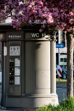 20 April 2026 - Moosach Munich - Public Toilet Cabin Spring Cherry Blossoms - Modern Urban Street Furniture Bavarian Infrastructure Germany